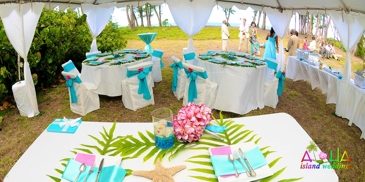 Reception tent with tables in turquoise and white, palm leaf runners and pink flowers